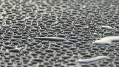 Siyah bir yüzeyde güzel su damlaları. Suyun yoğunluğu karanlık bir düzlemde toplandı. Çiğ tanesinin yansıması.