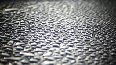 Siyah bir yüzeyde güzel su damlaları. Suyun yoğunluğu karanlık bir düzlemde toplandı. Çiğ tanesinin yansıması.