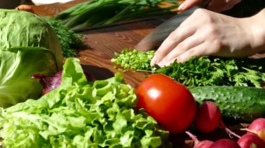 Mutfaktaki kesme tahtasında sebze dilimlemek. Aşçı yeşil soğan, salatalık, domates ve lahana doğruyor. Maydanoz doğrayan kadın elleri.