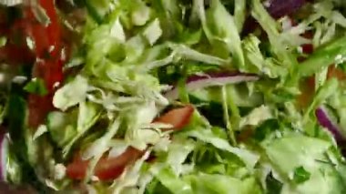 Sebze salatası bir tabağa karıştırılır. İnce doğranmış sebze yakın çekim. Sağlıklı yemek.