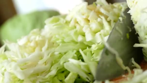 在厨房的切菜板上切卷心菜和其他蔬菜 素食健康食品 — 图库视频影像