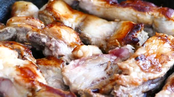Ribs Meat Fry Frying Pan Fatty Juicy Appetizing Meat Prepared — Stock Video