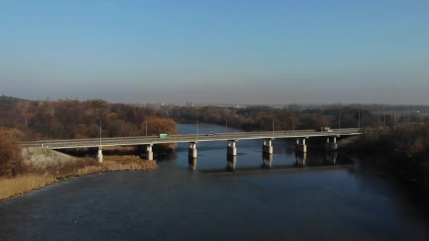 Road Bridge River Cold Season Car Goes Post River View — Stock Video