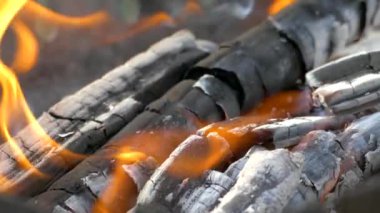 Yakın plan yanan odunlar. Kömür külleri yanıyor. Doğada şenlik ateşi. Yangının kalıntıları.. 