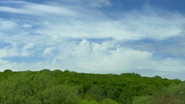 Yeşil bir dağ ormanının üzerinde beyaz bulutlu mavi bir gökyüzü. Güzel doğal manzara. 