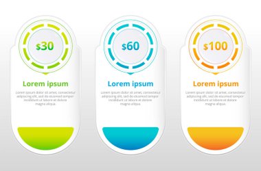 Üç tarifeler. UX arabirimi site için. Web sitesi için planı ile vektör banner web App'te fiyatlandırma tablo, afiş, sipariş, kutu, düğme, liste ve kurşun için.