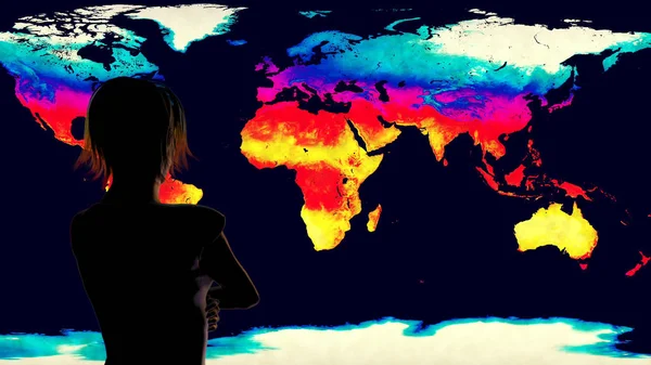 Mujer observando la simulación del calentamiento global de la Tierra — Foto de Stock