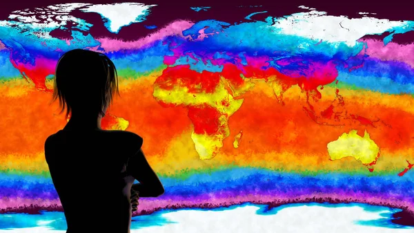 Woman Watching Earth Global Warming Simulation — Stock Photo, Image