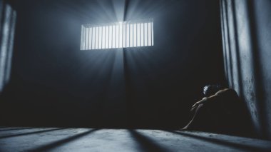 Prisoner in Bad Condition in Demolished Solitary Confinement und clipart