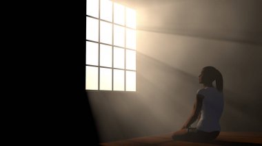 Işıklı karşı boş bir odada oturan melankoli içinde yalnız kadın