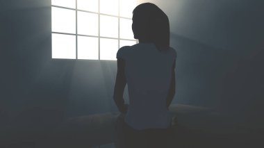 Işıklı karşı boş bir odada oturan melankoli içinde yalnız kadın