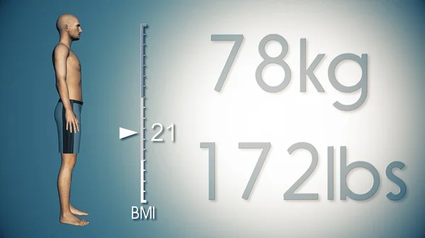 Ilustrație 3D a unui om obez care pierde greutatea corporală și indicele IMC — Fotografie, imagine de stoc
