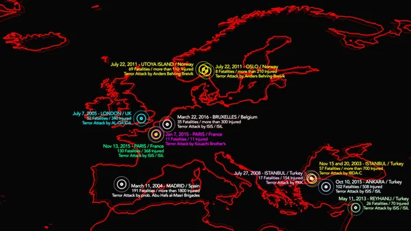 Mapa de los principales atentados terroristas en Europa entre 2000 y 2016 —  Fotos de Stock