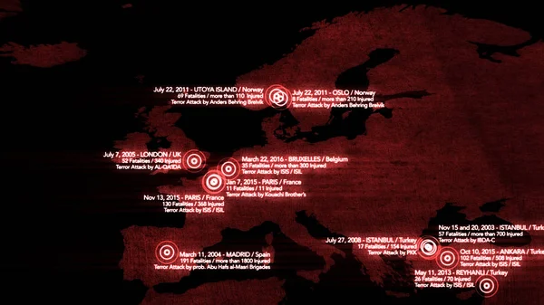 Mapa de los principales atentados terroristas en Europa entre 2000 y 2016 —  Fotos de Stock