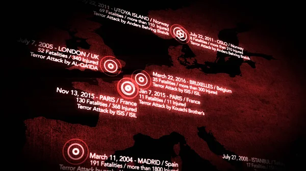 Map of Major Terrorist Attacks in Europe between 2000-2016 — Stock Photo, Image