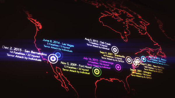 Карта крупных террористических актов в США с 2000 по 2016 год

