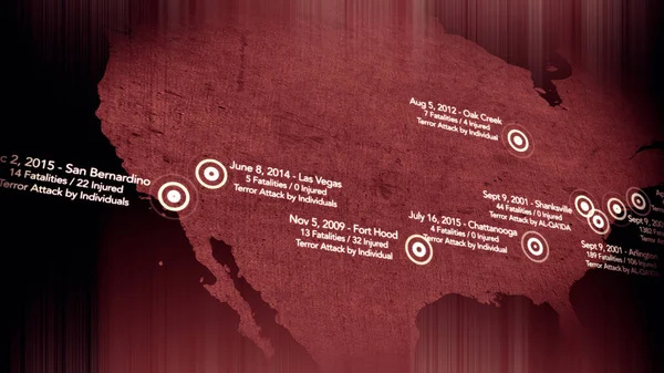 Mapa Major ataków terrorystycznych w Usa w latach 2000-2016 — Zdjęcie stockowe
