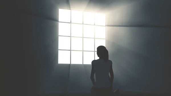 Einsame Frau in Melancholie, die in einem leeren Raum gegen Licht sitzt — Stockfoto