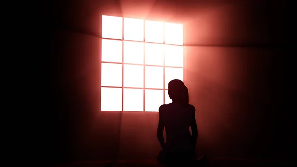 Einsame Frau in Melancholie, die in einem leeren Raum gegen Licht sitzt — Stockfoto