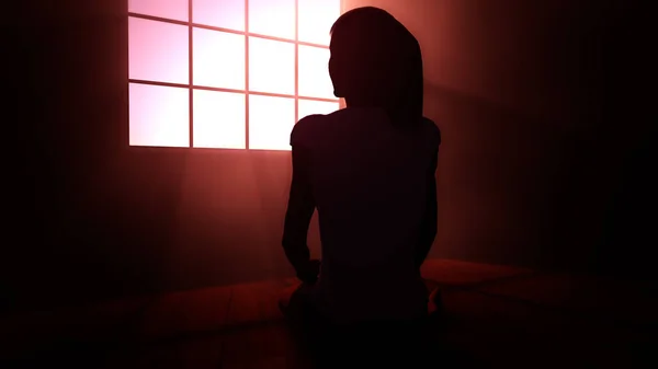 Одинокая женщина в меланхолии, сидящая в пустой комнате против Лизы — стоковое фото