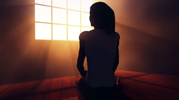 Одинокая женщина в меланхолии, сидящая в пустой комнате против Лизы — стоковое фото