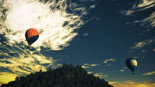 Balões de ar quente sobre exuberante selva selvagem natural nos sóis — Fotografia de Stock