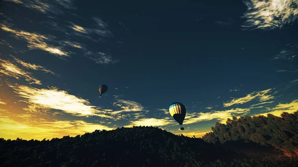 Palloncini d'aria calda sopra lussureggiante giungla naturale selvaggia nei soli — Foto Stock