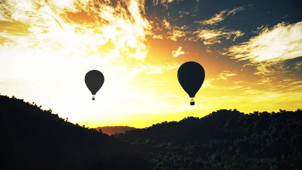 Palloncini d'aria calda sopra lussureggiante giungla naturale selvaggia nei soli — Foto Stock