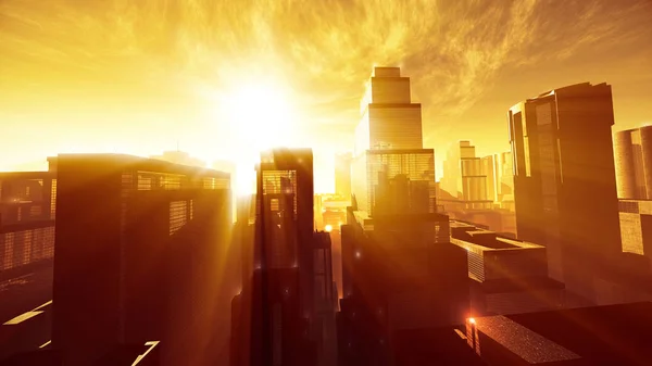 Megapolis günbatımı gündoğumu Lightrays içinde — Stok fotoğraf