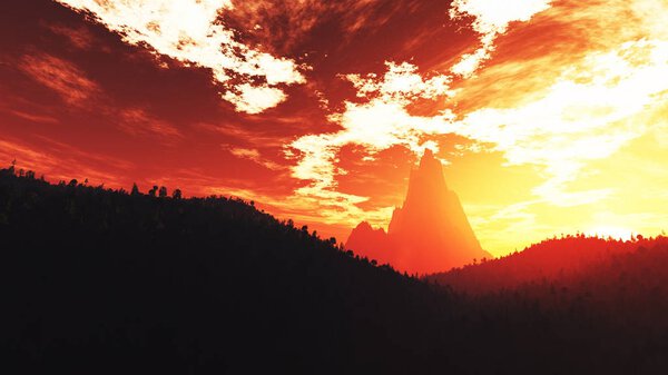 Wonderful Sunset Sunrise Red Sky over Lush Jungle 3D Illustration