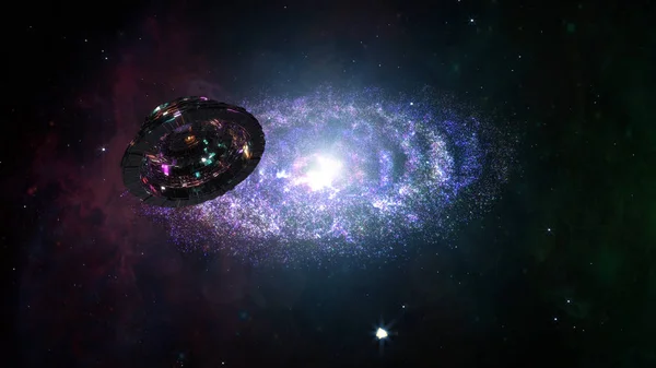 Nave espacial extraterrestre volando en la increíble galaxia de la nebulosa planetaria —  Fotos de Stock