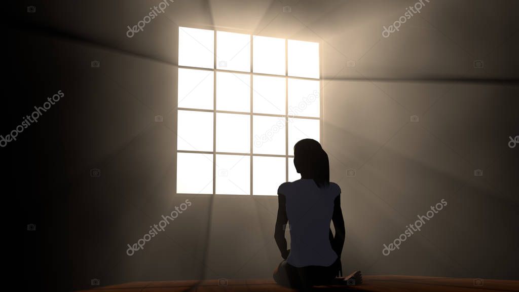 Lonely Woman in Melancholy Sitting in an Empty Room against Ligh