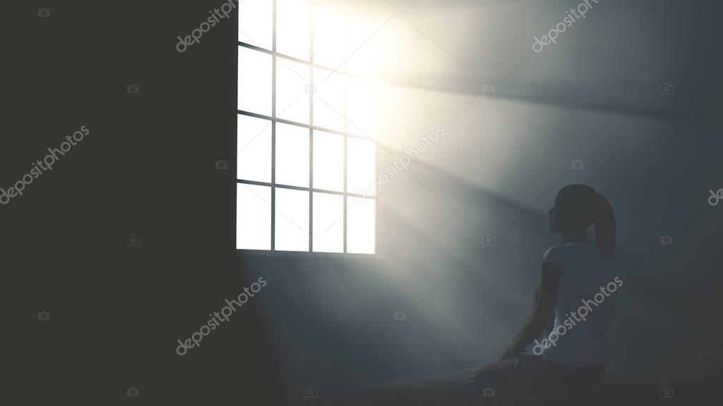 Lonely Woman in Melancholy Sitting in an Empty Room against Ligh