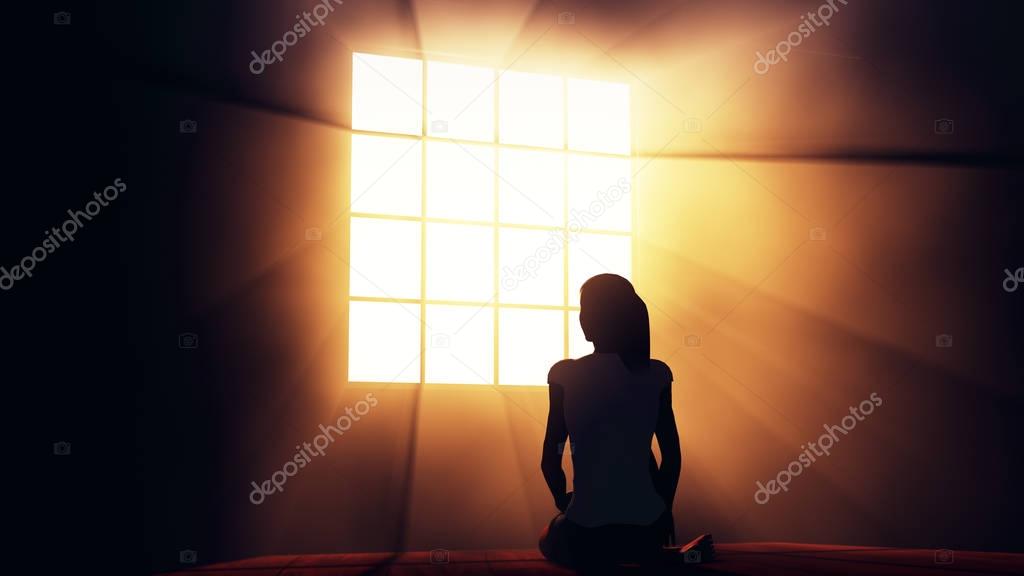 Lonely Woman in Melancholy Sitting in an Empty Room against Ligh