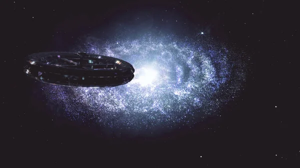 Idegen űrhajó, repülő, csodálatos planetáris köd-galaxisban — Stock Fotó