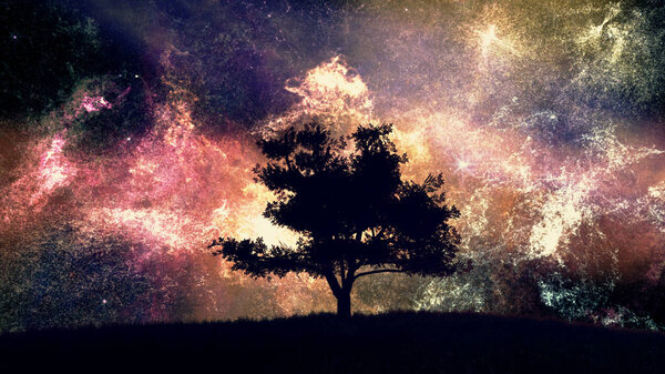 Lonely Tree under Amazing Nebula Night Sky 3D Illustration