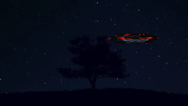 UFO behind Lonely Tree under Amazing Night Sky — Stock Photo, Image
