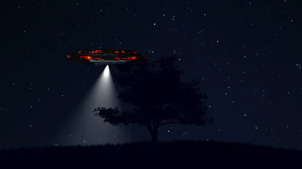UFO behind Lonely Tree under Amazing Night Sky — Stock Photo, Image