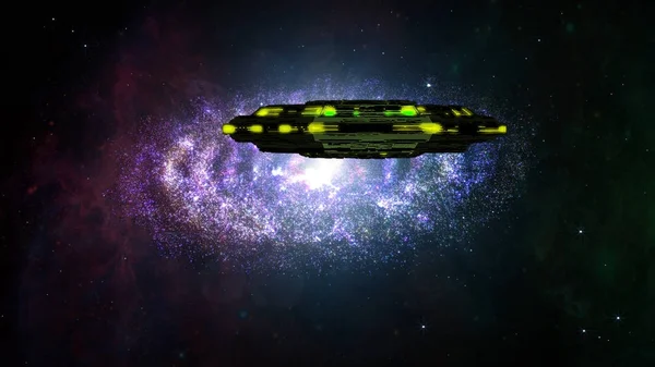 Nave spaziale aliena che vola nella fantastica galassia della nebulosa planetaria — Foto Stock