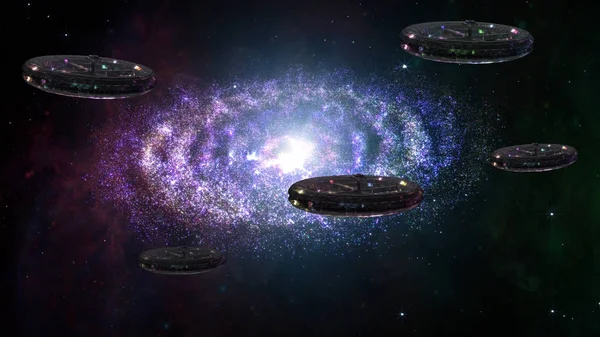 Nave espacial alienígena voando na incrível galáxia da nebulosa planetária — Fotografia de Stock