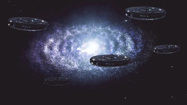 Nave espacial extraterrestre volando en la increíble galaxia de la nebulosa planetaria — Foto de Stock