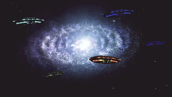 Mimozemské kosmické lodi letící v úžasné galaxii planetární mlhovina — Stock fotografie