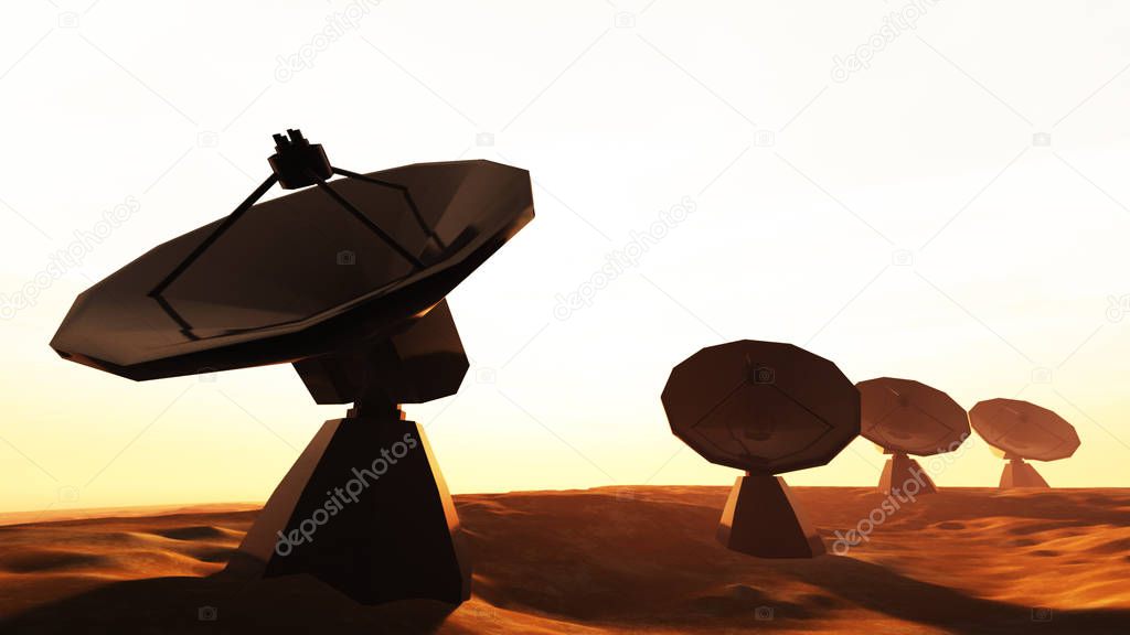 Radio Telescope Antenna Observatory Arrays, Dishes Under Cloudy 