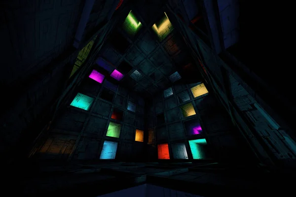 Sci Fi Grungy Escape Room Riddle Laberinto Cubo Interior — Foto de Stock