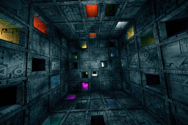 Sci Fi шорсткою бігти загадка лабіринт куб інтер'єру кімнати — стокове фото