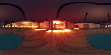 Vr 360 genç kadın savaşçı poz Yoga Studio yapıyor
