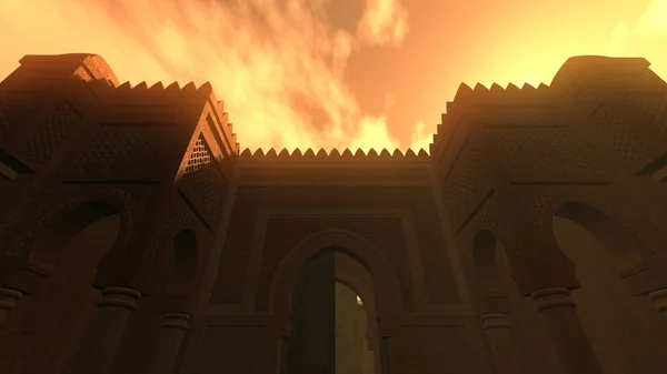 Middle Eastern Fantasy Story Gebäude Auf Sonnenuntergang Hintergrund — Stockfoto