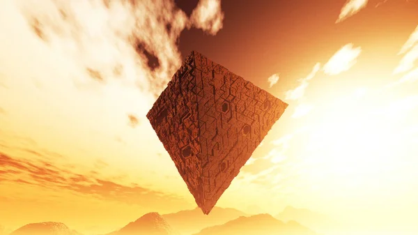 超现实主义抽象金字塔悬浮在橙色背景上 — 图库照片