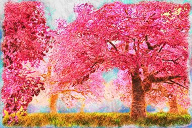 Blossoming Trees in Spring Bloom Garden Handdraw Art Illustratio clipart