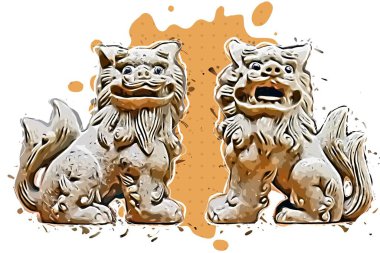 Çin Ev Koruyucusu Aslanlar Doğu Sanat Tasarımı İllüstrasyonu